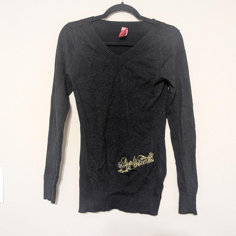 Y2K Apple Bottoms Downtown Girl Black V Neck Sweater With Gold Embroidered Logo